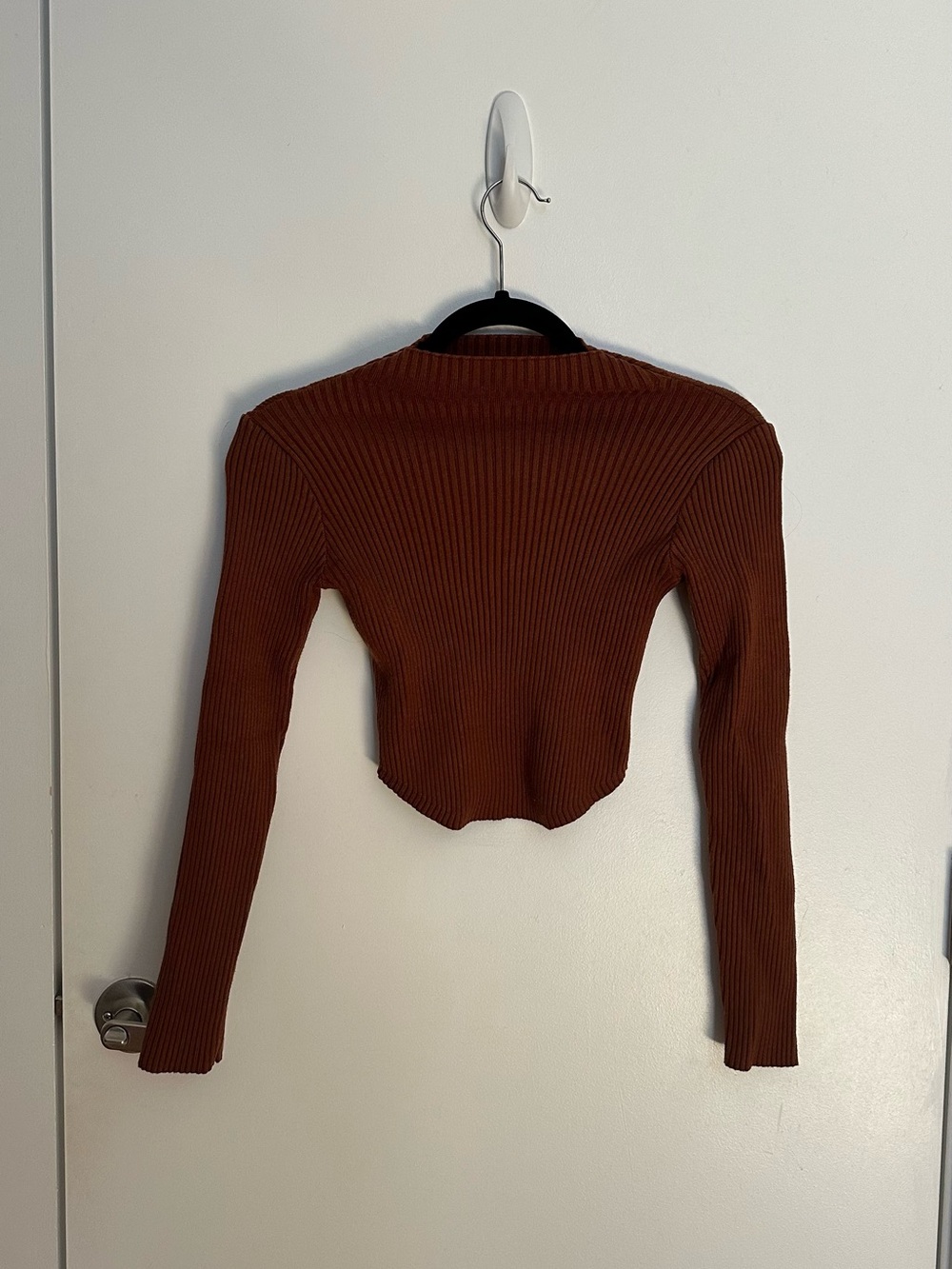 MARBLE Ribbed Long-Sleeve Cropped Top in Chestnut Brown